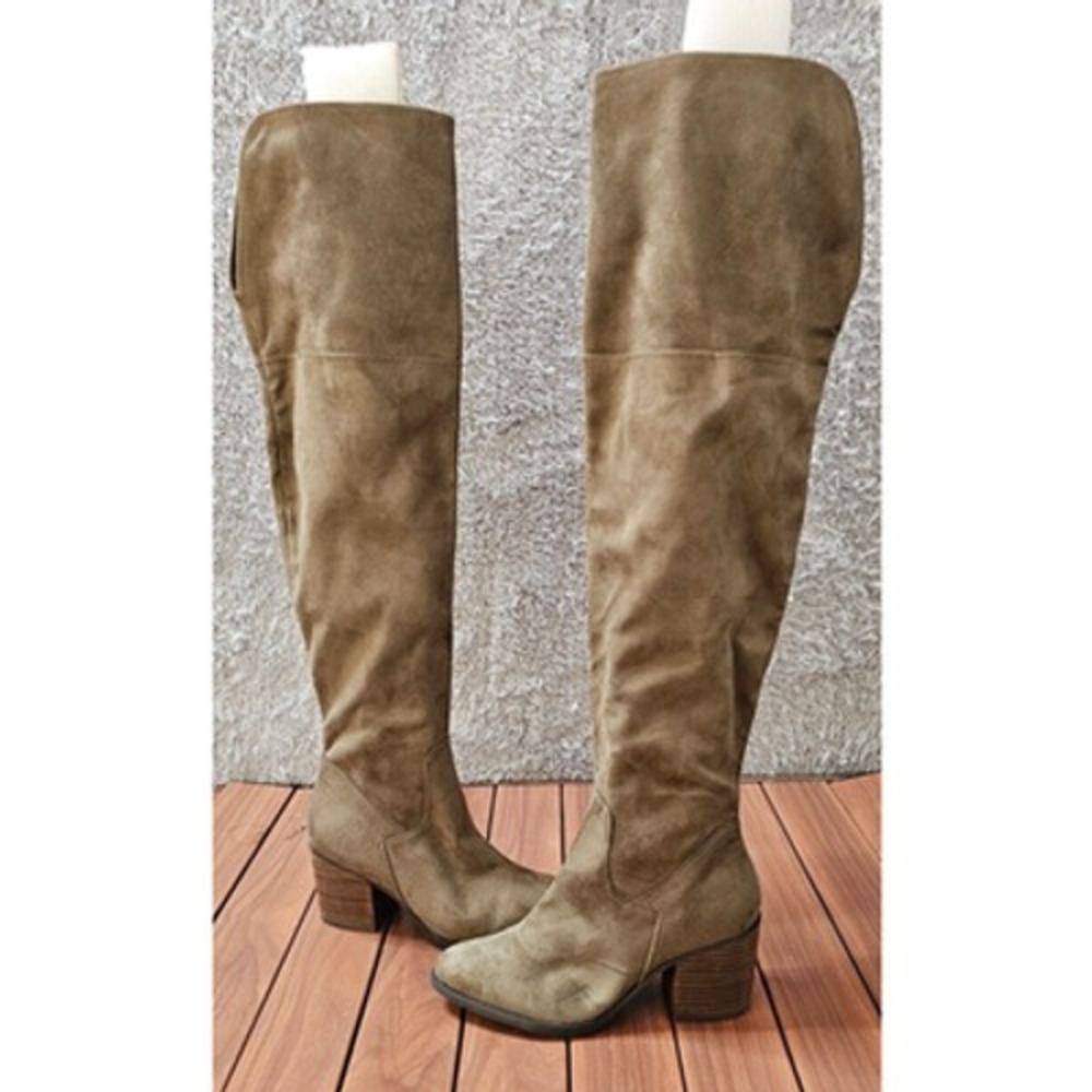 BP Luke Over The Knee Boots Taupe Faux Suede Block Heel Womens 6M Excellent